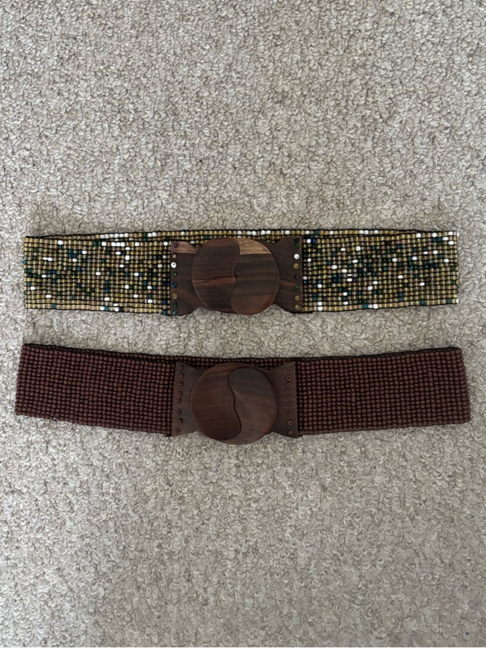 Vintage Beaded Multicolor and Brown Stretch Belt with Wooden Buckle lot